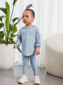 SHEIN Baby Girl Leisure Solid Color Hooded Long Sleeve Top & Skinny Pants Set With Embossed Letters