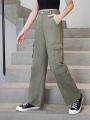 Girls' (big) New Arrival Camo Green Cargo Multi-pockets Straight Leg Jeans