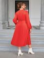 SHEIN Privé Plus Size Women's Elegant Red Round Neck Lantern Sleeve Dress