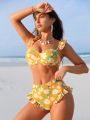 SHEIN Swim Mod Random Floral Print Ruffle Trimmed Bikini Swimsuit Set