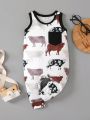 Infant Boys' Cow Print Color-Block Patch Pocket Round Neck Sleeveless Jumpsuit