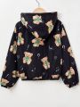 SHEIN Tween Girl Bear Print Fuzzy Lined Hooded Jacket