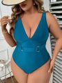 SHEIN Swim Chicsea Plus Size Deep V-Neck Backless One-Piece Swimsuit