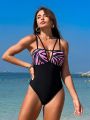 SHEIN Swim Classy Women'S One-Piece Swimsuit With Zebra Pattern And Hollow Out Details