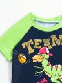 Baby Boy Cartoon Dinosaur Print Color Block Short Sleeve T-Shirt, Shorts And Swimwear Set