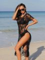 SHEIN Swim BAE 1pc High-Slit Lace Cover Up Skirt With Floral Design On Side