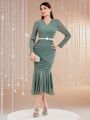 SHEIN Modely Long-Sleeved Dress With Pleated Ruffled Hem