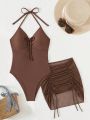 SHEIN Swim Chicsea Ladies' Halter Neck Drawstring One-Piece Swimsuit With Matching Drawstring Bikini Skirt