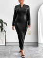 SHEIN Privé Women's Plus Size Black Dress With V-neck And Slit