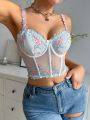 1pc Women's Floral Embroidery Sheer Mesh Bra With Underwire