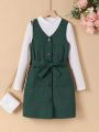 SHEIN Tween Girl 1pc Dual Pocket Belted Corduroy Tover & 1pc Overall Dress