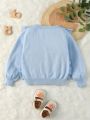 Young Girls' Solid Color Ruffle Detail Decor Round Neck Sweater