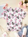 SHEIN Kids FANZEY Girls' Full-Print Heart Pattern Casual T-Shirt With Round Neck