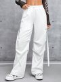 SHEIN PETITE Women's Drawstring Waist Flap Pocket Cargo Pants, Long