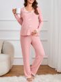 Maternity Lace Trim Bow Front Lettuce Trim PJ Set