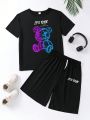 Teenage Boys' Casual Street Style Colorful Cartoon Bear Pattern Printed T-Shirt And Shorts Set