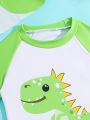 Baby Boy Cartoon Dinosaur Print Color Block Raglan Short Sleeve Top And Shorts Swimsuit Set With Hat, Summer