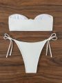 SHEIN Swim Basics Plain-colored Strapless Bandeau Bikini Set With Front Knot And Side Tie Detail