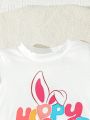 2pcs/Set Baby Girl Letter Printed Cartoon Bunny Ear Short Sleeve T-Shirt And Flared Pants Summer Outfits