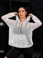 Plus Kangaroo Pocket Drop Shoulder Drawstring Hooded Sports Sweatshirt Without Bra