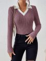 Contrast Collar Ribbed Knit Tee