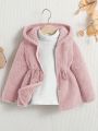 SHEIN Kids Cooltwn Toddler Girls' Casual Loose Solid Color Hooded Fleece Jacket For Fall/winter