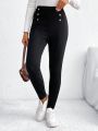 SHEIN Frenchy High Waist Fleece Legging With Botton Decor