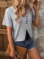 V-Neck Short Sleeve T-Shirt With Button Decorations