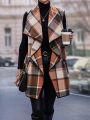 Women's Plaid Waterfall Lapel Sleeveless Vest Jacket