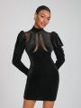 POSHFEM Mock Neck Gigot Sleeve Velvet Bodycon Dress