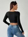 SHEIN PETITE Solid Color Long Sleeve Crop Top T-Shirt