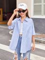 SHEIN Kids EVRYDAY Tween Girls' Striped & Letter Print Drop Shoulder Pocket Loose Fit Casual Shirt