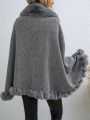 SHEIN Essnce Fuzzy Trim Batwing Sleeve Fuzzy Panel Cape Cardigan