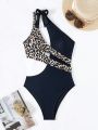 SHEIN Swim Vcay Leopard Print Cutout One Shoulder Swimsuit With Knot Detail