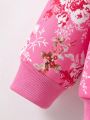 Young Girl 1pc Flower Pattern Printed Hooded Cardigan Jacket With Fabric For Autumn And Winter