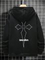 Men's Plus Size Hoodie With Text & Cross Print