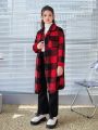 SHEIN Tween Girl Buffalo Plaid Print Drop Shoulder Flap Pocket Fleece Coat