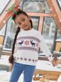 SHEIN Young Girl Christmas Elk & Geo Pattern Drop Shoulder Sweater