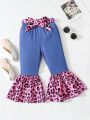 SHEIN Kids SUNSHNE Little Girls' Leopard Pattern & Denim Splicing Bell-Bottom Jeans