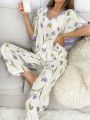 Floral Print Pajama Set With Ruffle Trim