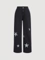 SHEIN Tween Girl Y2k Star Fashionable Print Decor Comfortable High Waist Elastic Waistband Stone Washed Soft Denim Jeans