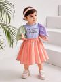 SHEIN Infant Girls' Color Block Casual Bubble Sleeve Dress With Letter Graphic And Frilled Hemline