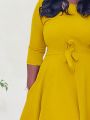 Women'S Plus Size Solid Color Asymmetrical Hem Belted Dress