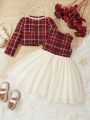 SHEIN Kids FANZEY Little Girls' Woven Plaid Casual Jacket And Sleeveless Dress Set