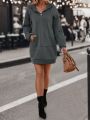 Kangaroo Pocket Lace Patched Drop Shoulder Drawstring Hooded Sweatshirt Dress