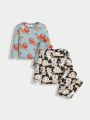 SHEIN Baby Boy 2pcs Cartoon Graphic Tee & 2pc Pants PJ Set