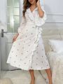 Polka Dot Print Ruffle Trim Flounce Sleeve Wrap Belted Robe