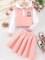 SHEIN Kids CHARMNG Tween Girls' Hooded Sweatshirt With Embroidered Patches & Color Block Design And Pleated Skirt, Autumn & Winter Outfit