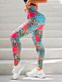 SHEIN Yoga Floral Women's Leopard And Tropical Printed Sports Leggings