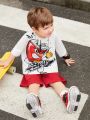 SHEIN Young Boy Casual Loose Printed Graphic Short-Sleeved Top With Side Patch Pockets Woven Shorts Set